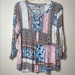 Daniel Rainn Gilligan Patchwork 100% Rayon Roll Tab Sleeve Bohemian Blouse LG